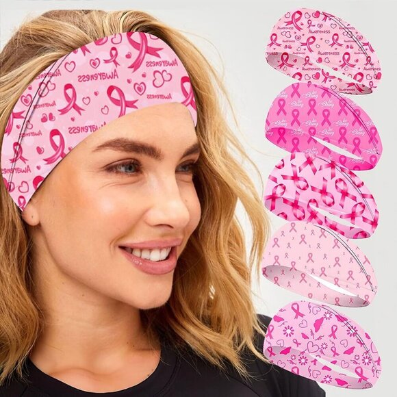 Women Headbands Pink Ribbon Elastic Wide Sports Hair Accessories Set of 5 main image 5